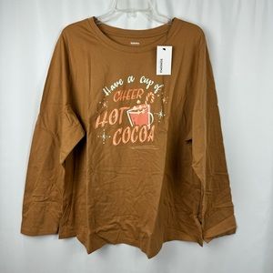 NWT Sonoma 2X Have a Cup of Cheer Hot Cocoa Long Sleeve Brown Tan T Shirt